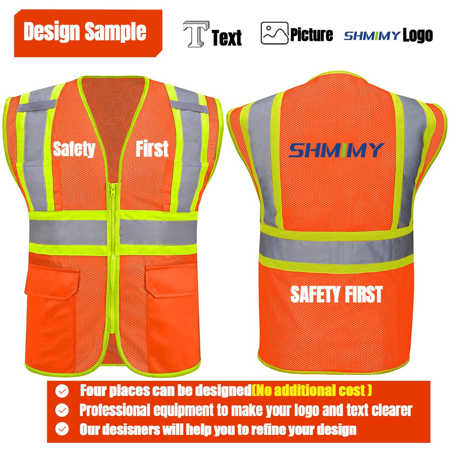 Shmimy Custom High Visibility Safety Vest, Class 2 Reflective Work Vest With Pockets, Custom Logo Construction Workwear