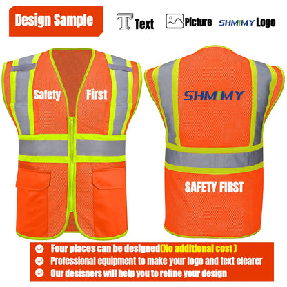 Shmimy Custom High Visibility Safety Vest, Class 2 Reflective Work Vest With Pockets, Custom Logo Construction Workwear