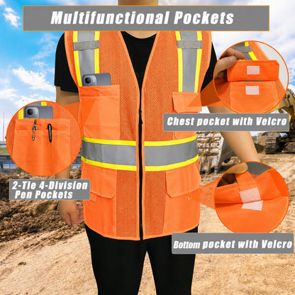 Shmimy Custom Safety Vest Customized Logo Class 2 High Visibility Reflective Vest with 8 Pockets Construction workwear