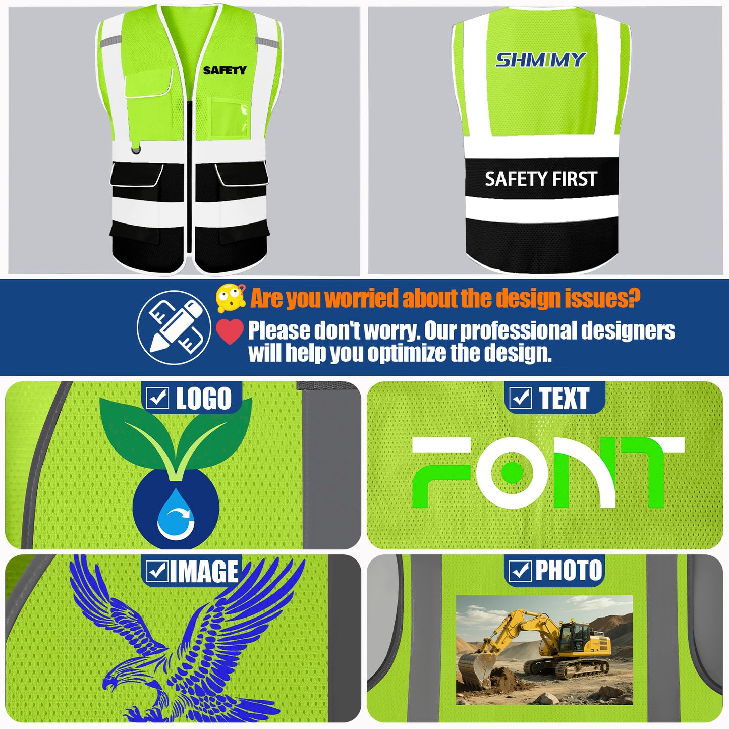 Shmimy 6 Pockets Custom Safety Vest Customized Logo Class 2 High Visibility Reflective Vest