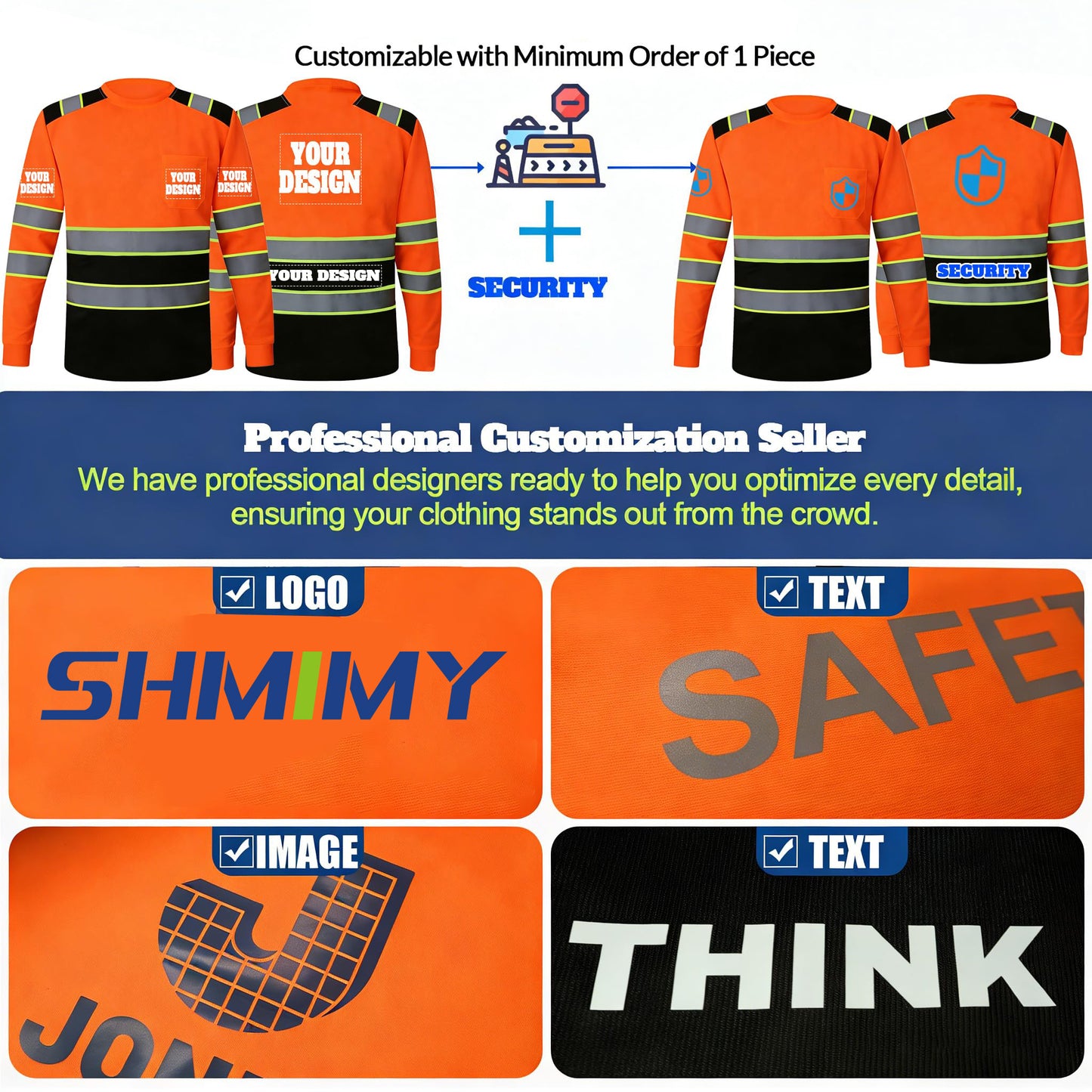 Shmimy Custom Logo High Visibility Safety Shirts, ANSI Class 3 Reflective Work Shirts Long Sleeve Crewneck T-Shirt