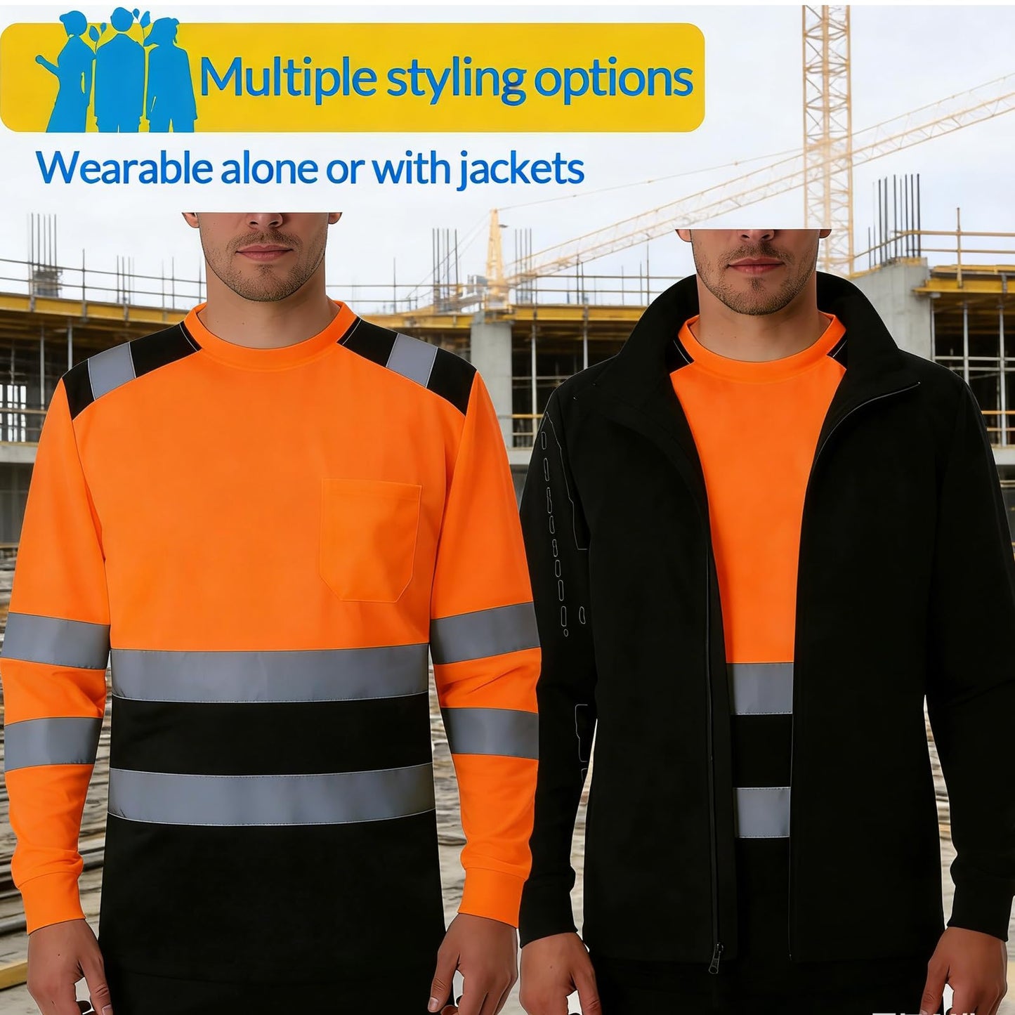 Shmimy Custom Logo High Visibility Safety Shirts, ANSI Class 3 Reflective Work Shirts Long Sleeve Crewneck T-Shirt