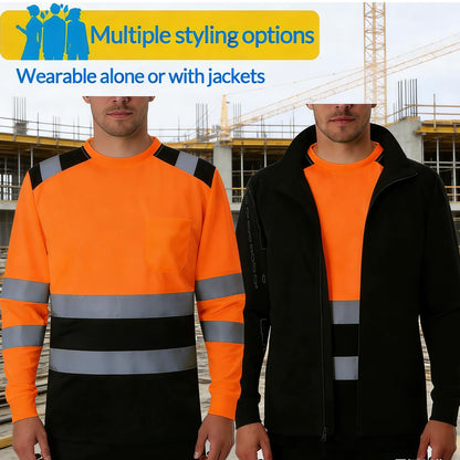 Shmimy Custom Logo High Visibility Safety Shirts, ANSI Class 3 Reflective Work Shirts Long Sleeve Crewneck T-Shirt