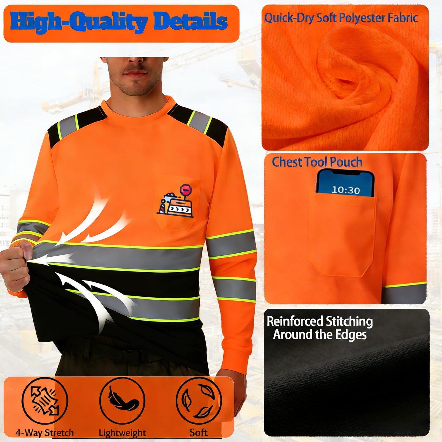 Shmimy Custom Logo High Visibility Safety Shirts, ANSI Class 3 Reflective Work Shirts Long Sleeve Crewneck T-Shirt