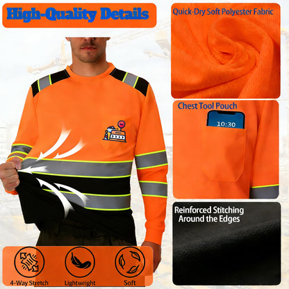 Shmimy Custom Logo High Visibility Safety Shirts, ANSI Class 3 Reflective Work Shirts Long Sleeve Crewneck T-Shirt
