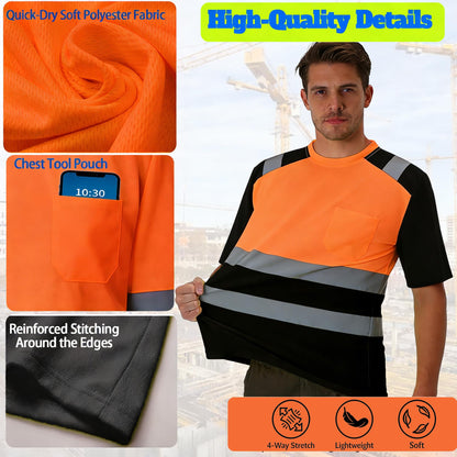 Shmimy Custom Logo High Visibility Safety Shirts, ANSI Class 3 Reflective Work Shirts Crewneck T-Shirt