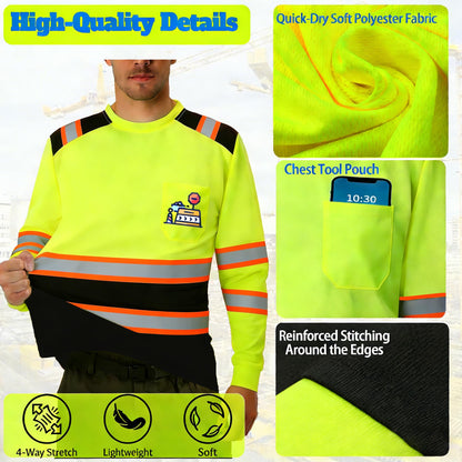Shmimy Custom Logo High Visibility Safety Shirts, ANSI Class 3 Reflective Work Shirts Long Sleeve Crewneck T-Shirt