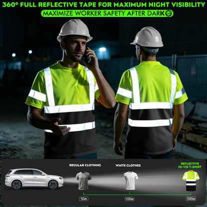 Shmimy Custom Logo High Visibility Shirts Class 3 Short Sleeve Reflective Shirts ANSI with Pocket Safety Shirts