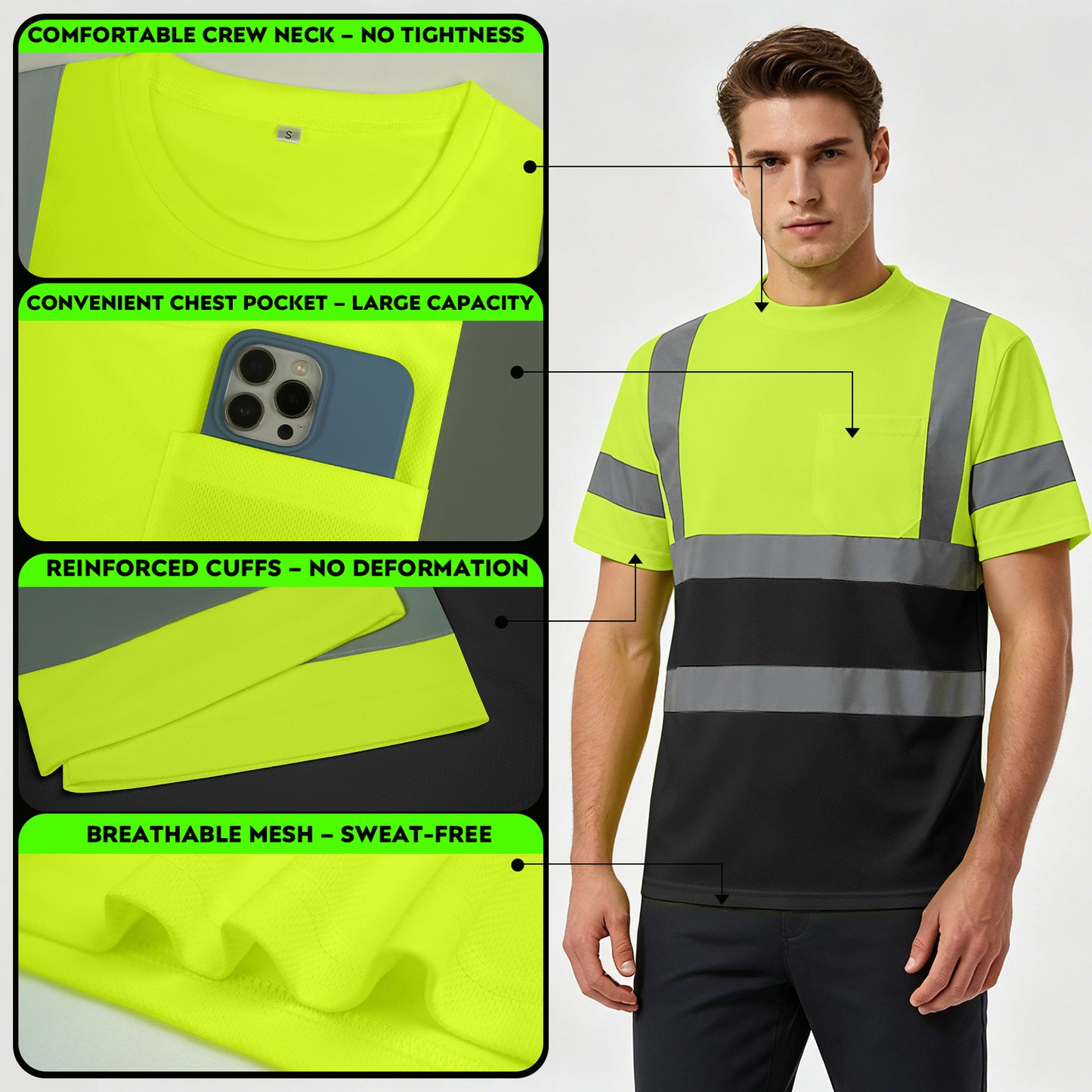 Shmimy Custom Logo High Visibility Shirts Class 3 Short Sleeve Reflective Shirts ANSI with Pocket Safety Shirts