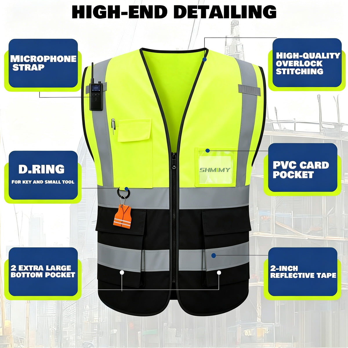 Custom Logo High Visibility Reflective Safety Vest Class 2 - Unisex Adult Workwear with Zipper & 9 Pockets for Construction & Security