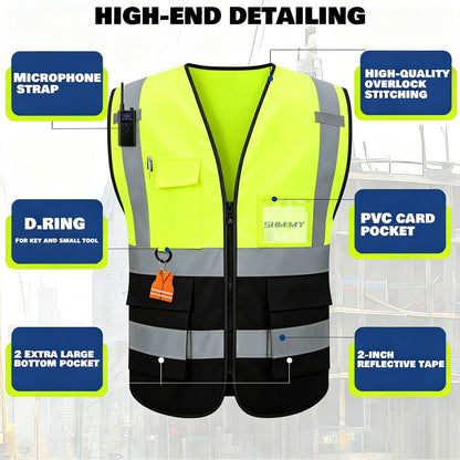 Custom Logo High Visibility Reflective Safety Vest Class 2 - Unisex Adult Workwear with Zipper & 9 Pockets for Construction & Security