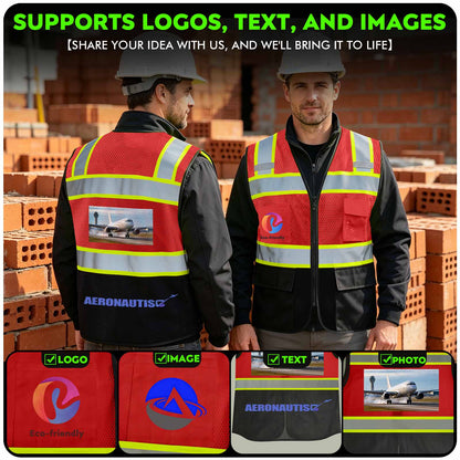 Shmimy Custom Logo High Visibility Reflective Safety Vest Class 2 - Unisex Adult Workwear with Zipper & 9 Pockets for Construction & Security
