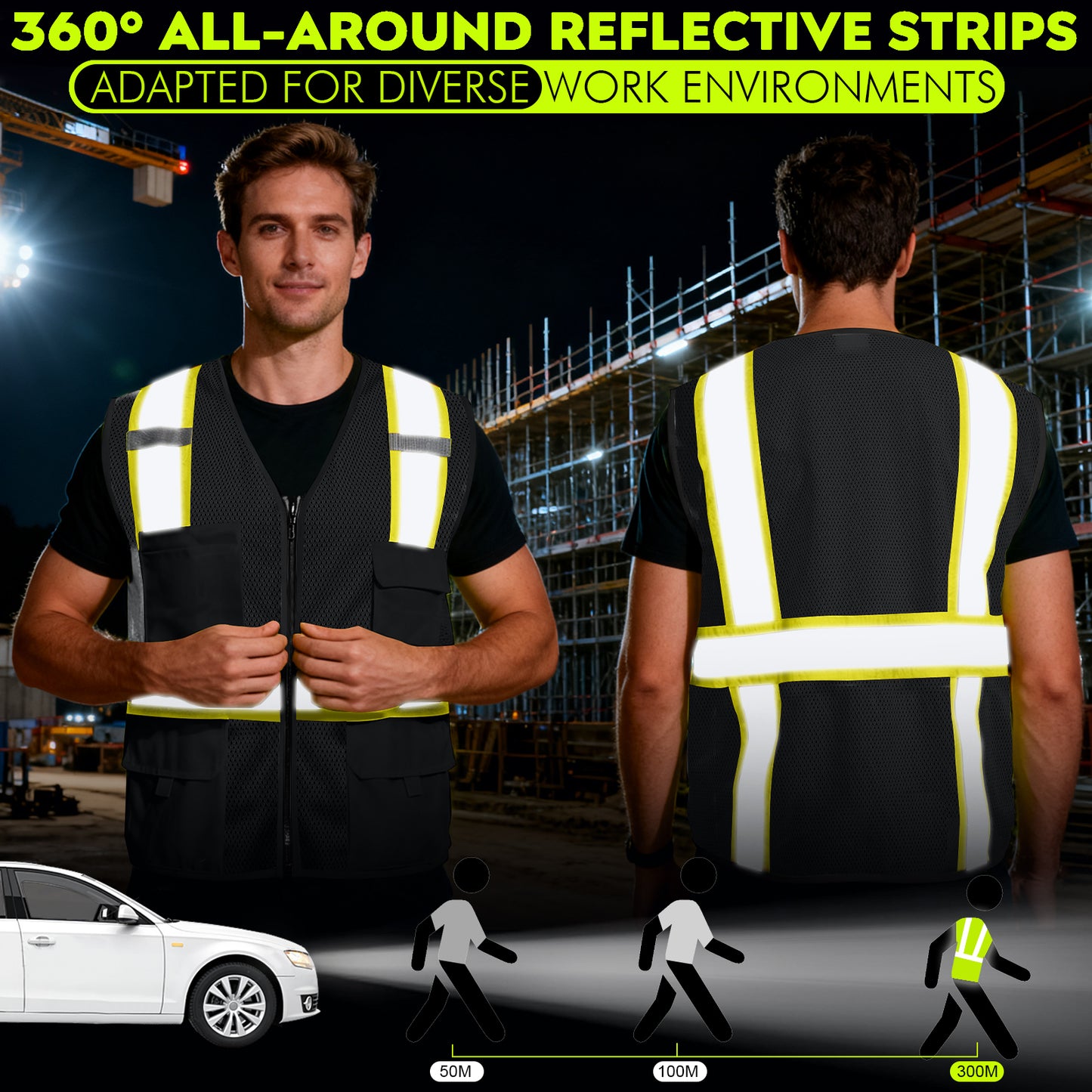 Shmimy Custom Safety Vest Customized Logo Class 2 High Visibility Reflective Vest with 8 Pockets Construction workwear