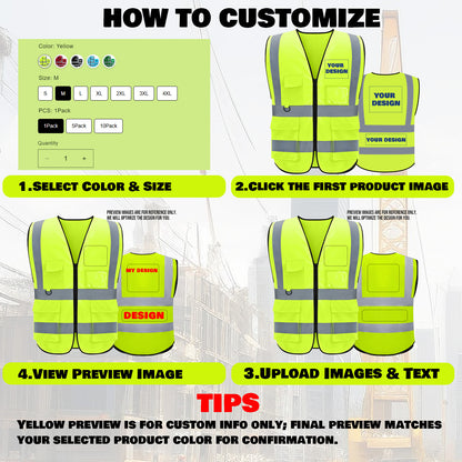 Shmimy Custom Logo Reflective Vest, Class 2 Safety Vests with 5 Pockets Zipper High Visibility