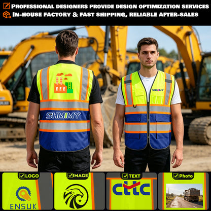 Shmimy Custom Logo Reflective Work Vest with Pockets| Class 2 High Visibility Safety Vest