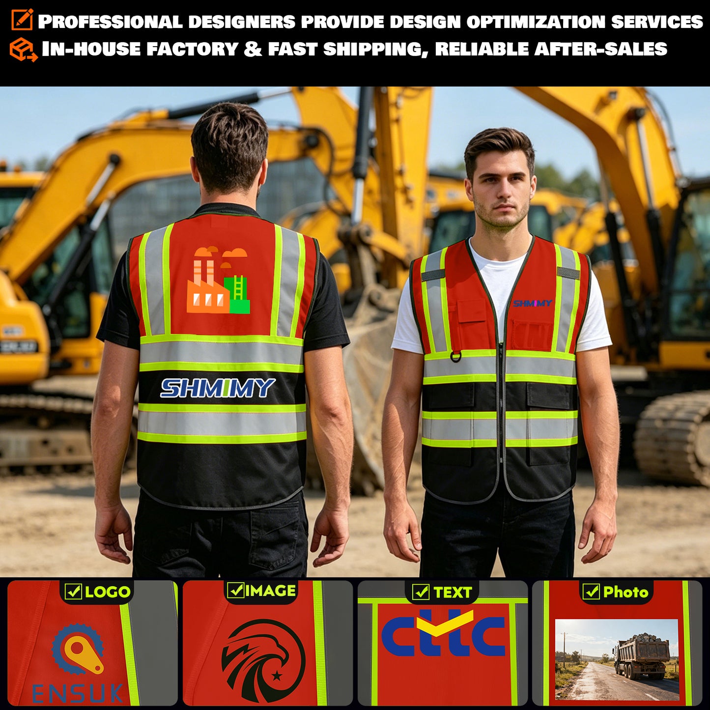 Shmimy Custom Logo Reflective Work Vest with Pockets| Class 2 High Visibility Safety Vest