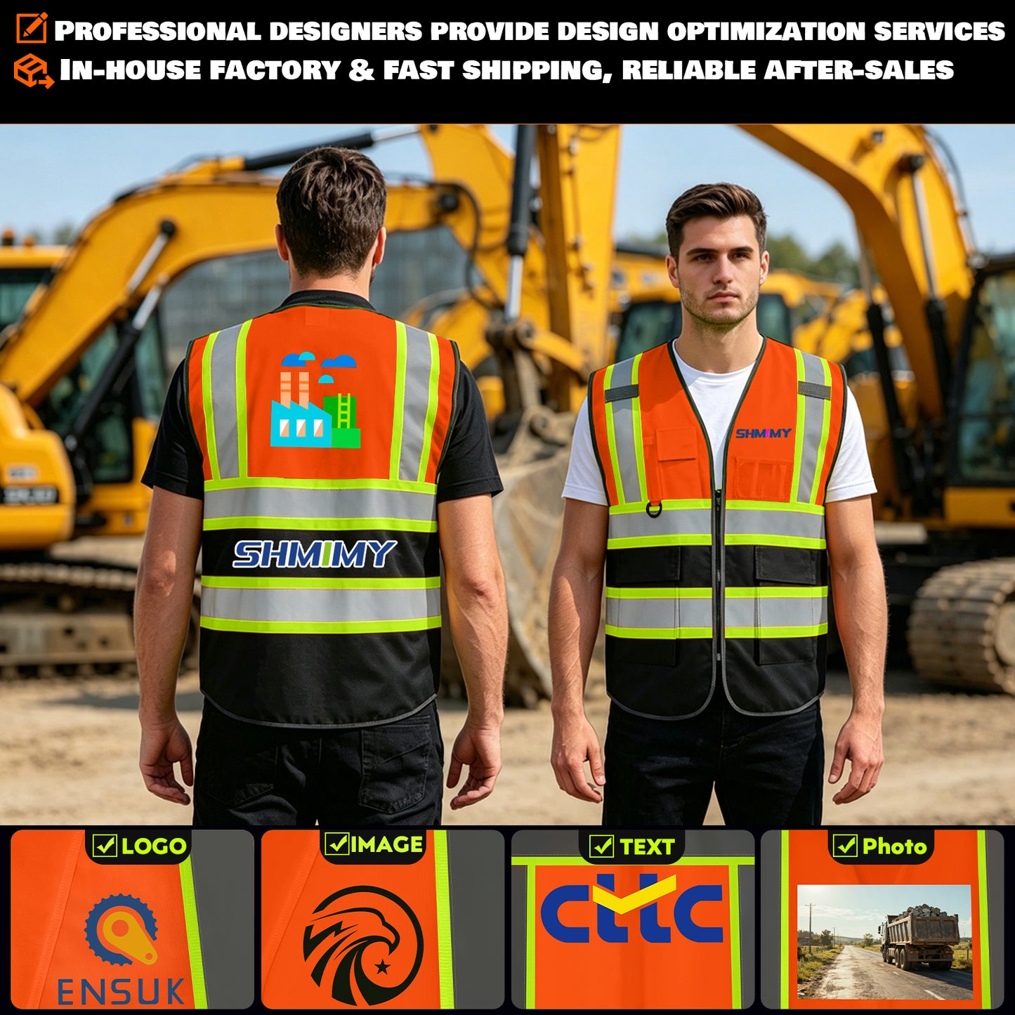 Shmimy Custom Logo Reflective Work Vest with Pockets| Class 2 High Visibility Safety Vest