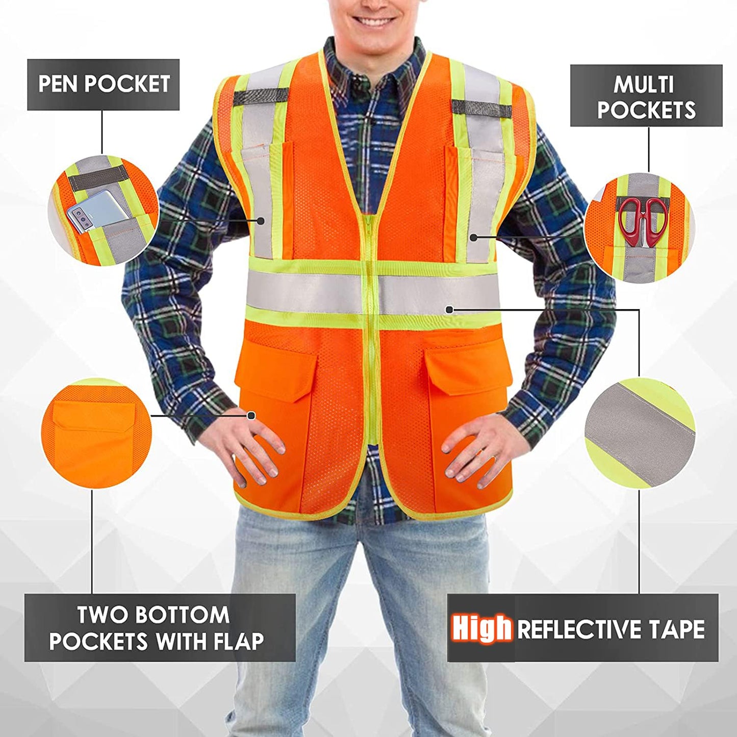 Shmimy Custom High Visibility Safety Vest, Class 2 Reflective Work Vest With Pockets, Custom Logo Construction Workwear
