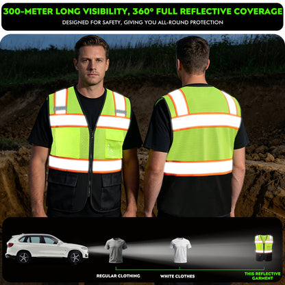 Shmimy Custom Logo High Visibility Reflective Safety Vest Class 2 - Unisex Adult Workwear with Zipper & 9 Pockets for Construction & Security