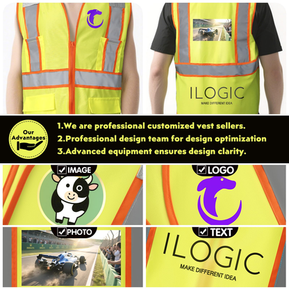 Shmimy Custom High Visibility Safety Vest, Class 2 Reflective Work Vest With Pockets, Custom Logo Construction Workwear