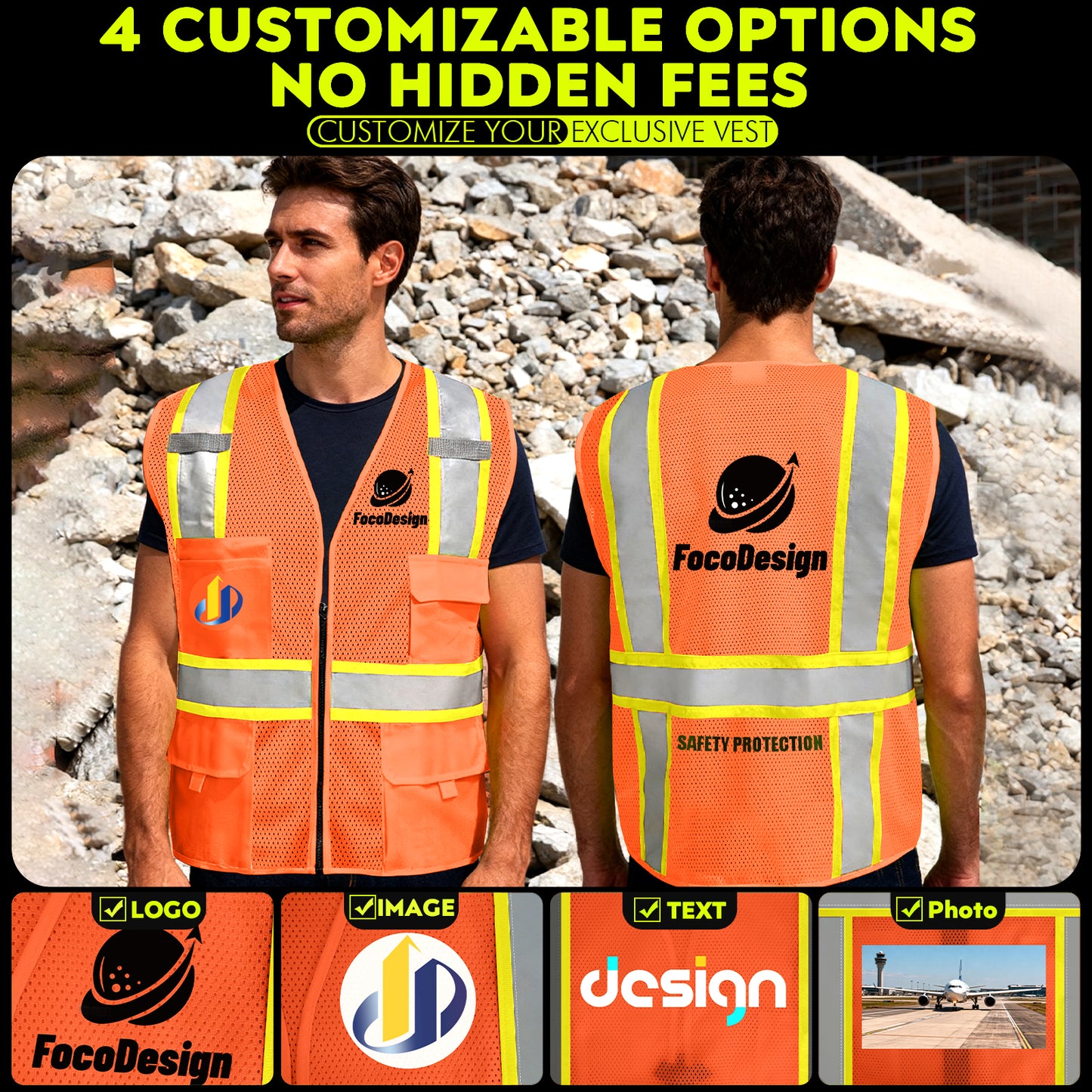 Shmimy Custom Safety Vest Customized Logo Class 2 High Visibility Reflective Vest with 8 Pockets Construction workwear
