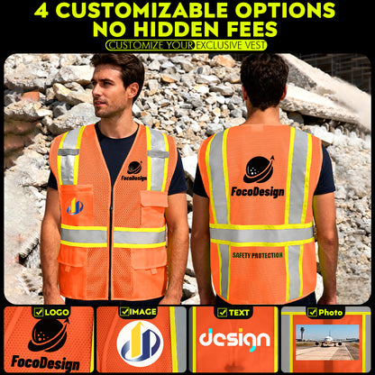Shmimy Custom Safety Vest Customized Logo Class 2 High Visibility Reflective Vest with 8 Pockets Construction workwear
