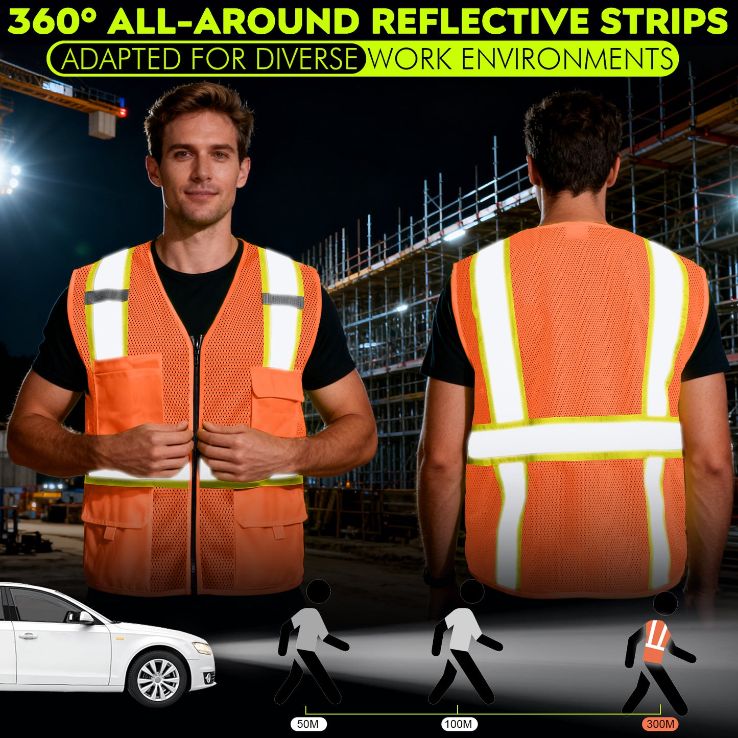 Shmimy Custom Safety Vest Customized Logo Class 2 High Visibility Reflective Vest with 8 Pockets Construction workwear