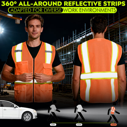Shmimy Custom Safety Vest Customized Logo Class 2 High Visibility Reflective Vest with 8 Pockets Construction workwear