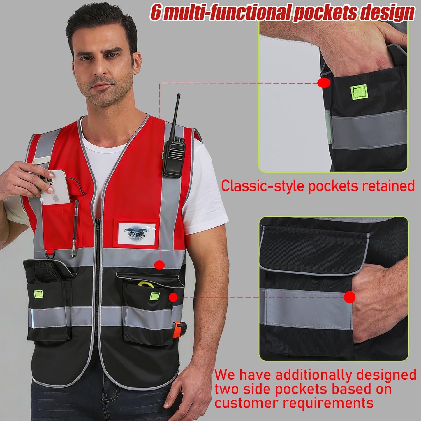 Shmimy Custom Safety Vest Class 2 High Visibility Reflective Vest 6 Pocket