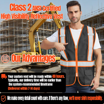 Shmimy Custom High Visibility Safety Vest, Class 2 Reflective Work Vest With Pockets, Custom Logo Construction Workwear