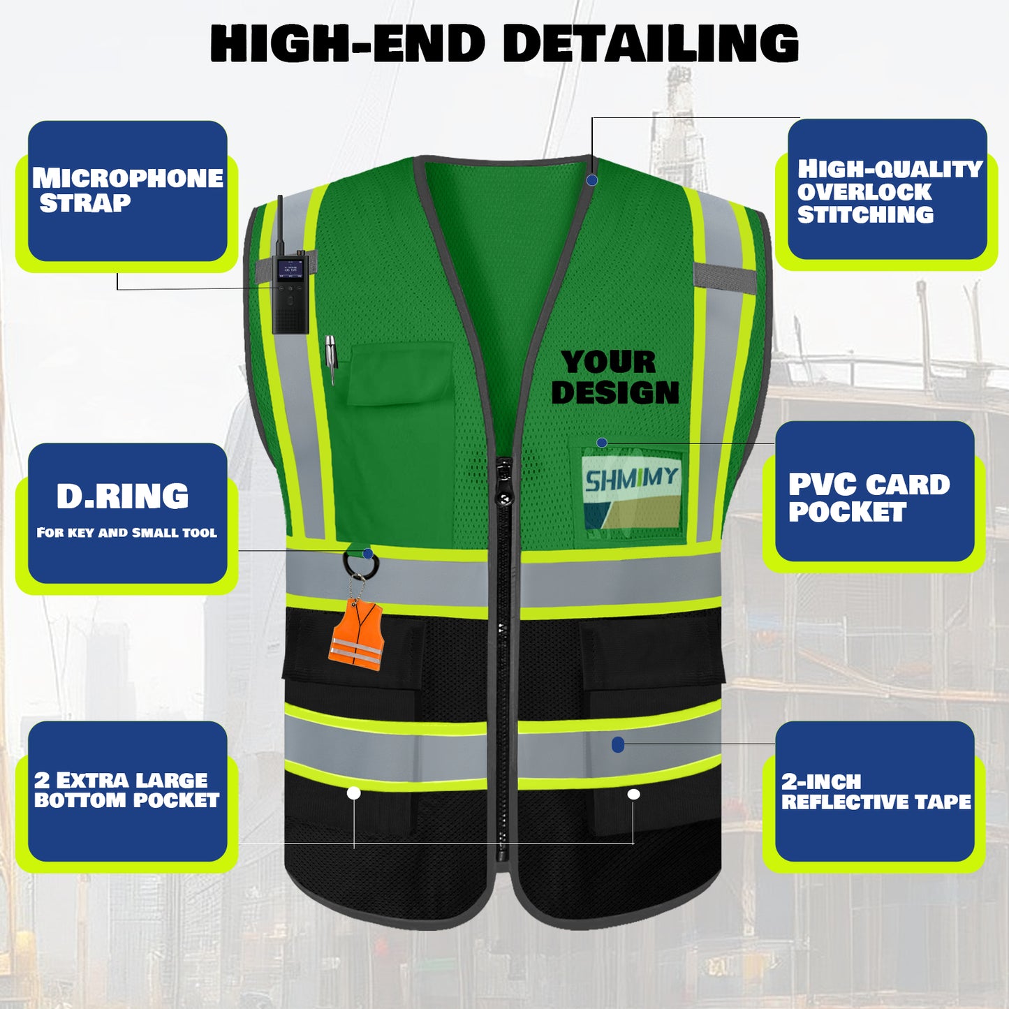 Custom High Visibility Reflective Safety Vest with Pockets | Personalized Logo for Construction, Men & Women