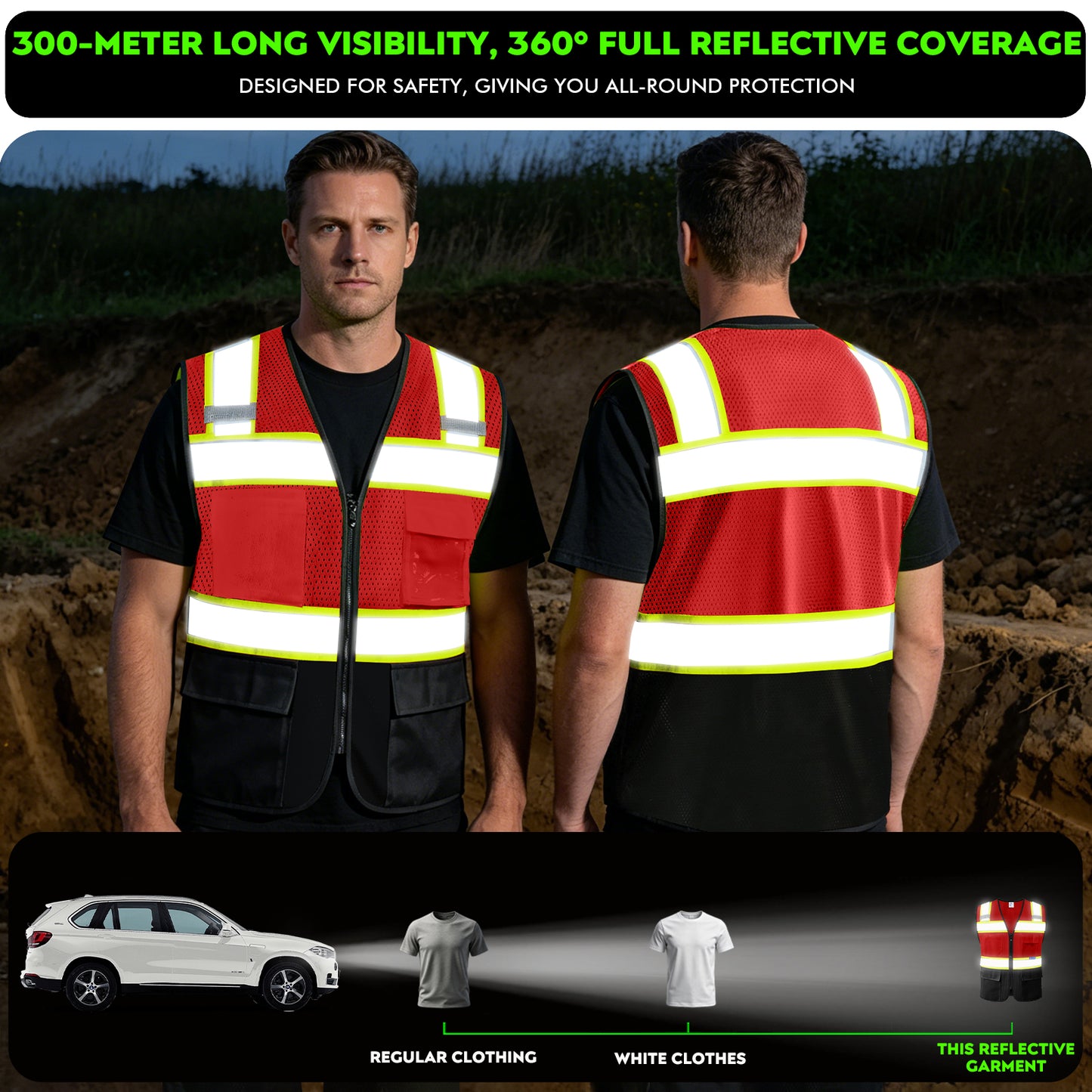 Shmimy Custom Logo High Visibility Reflective Safety Vest Class 2 - Unisex Adult Workwear with Zipper & 9 Pockets for Construction & Security