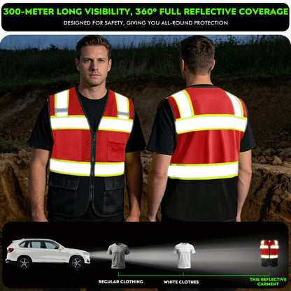 Shmimy Custom Logo High Visibility Reflective Safety Vest Class 2 - Unisex Adult Workwear with Zipper & 9 Pockets for Construction & Security