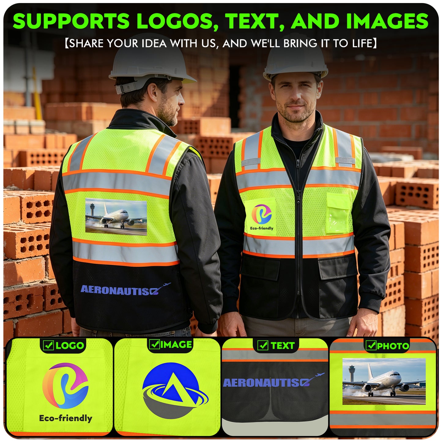 Shmimy Custom Logo High Visibility Reflective Safety Vest Class 2 - Unisex Adult Workwear with Zipper & 9 Pockets for Construction & Security