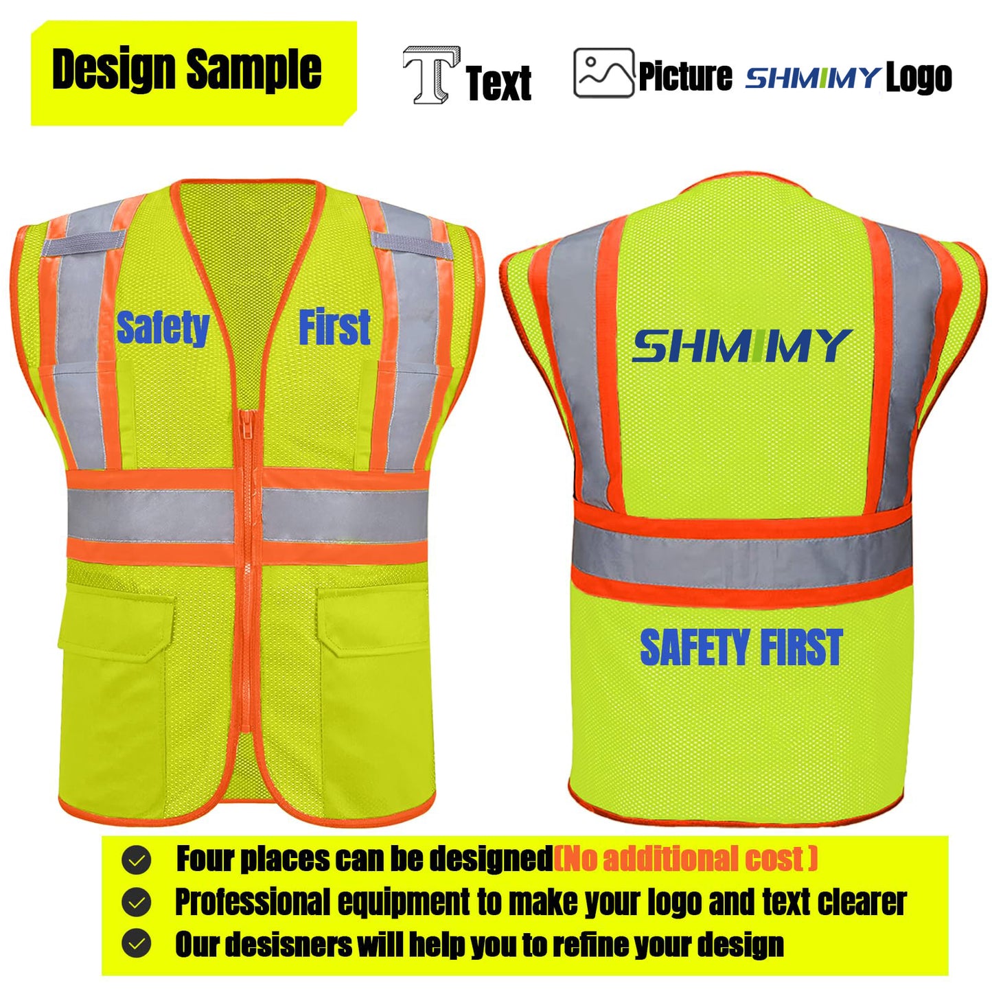 Shmimy Custom High Visibility Safety Vest, Class 2 Reflective Work Vest With Pockets, Custom Logo Construction Workwear