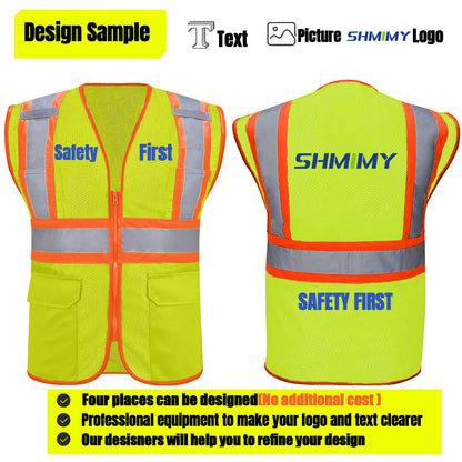 Shmimy Custom High Visibility Safety Vest, Class 2 Reflective Work Vest With Pockets, Custom Logo Construction Workwear