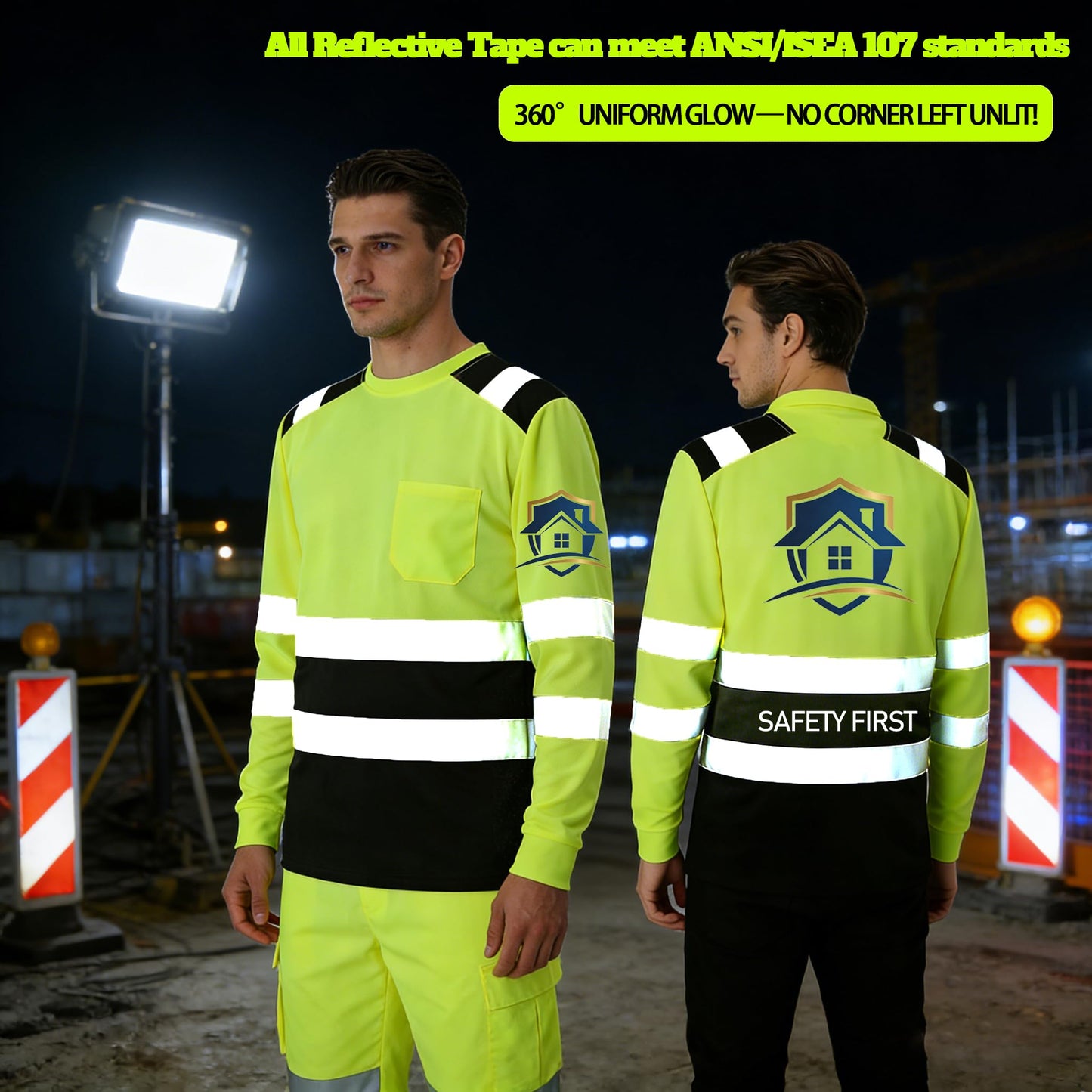 Shmimy Custom Logo High Visibility Safety Shirts, ANSI Class 3 Reflective Work Shirts Long Sleeve Crewneck T-Shirt
