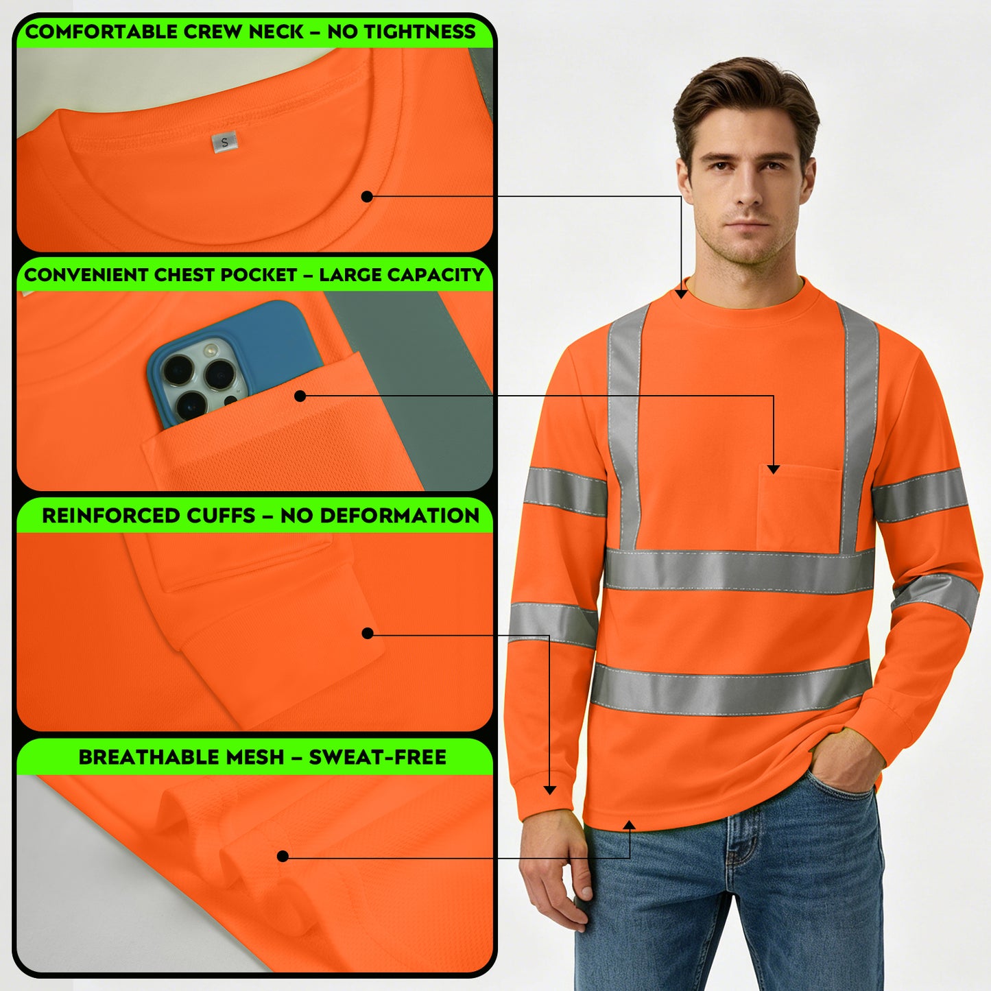 Shmimy Custom Logo High Visibility Shirts Class 3 Reflective Shirts ANSI with Pocket Safety Shirts