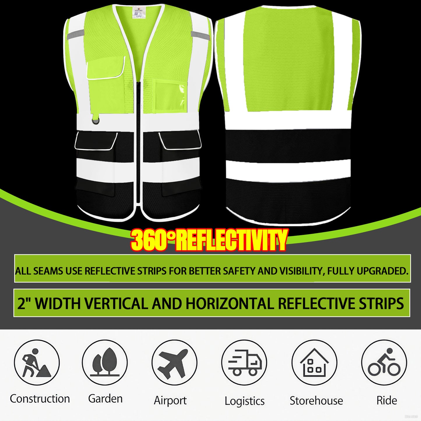 Shmimy 6 Pockets Custom Safety Vest Customized Logo Class 2 High Visibility Reflective Vest