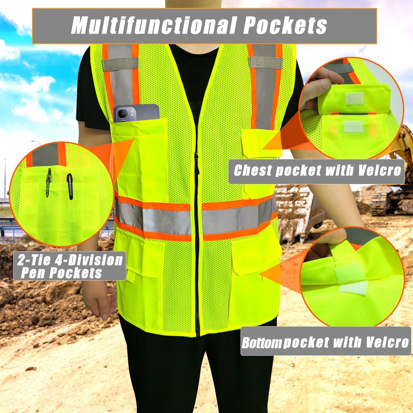 Shmimy Custom Safety Vest Customized Logo Class 2 High Visibility Reflective Vest with 8 Pockets Construction workwear