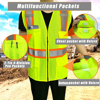 Shmimy Custom Safety Vest Customized Logo Class 2 High Visibility Reflective Vest with 8 Pockets Construction workwear