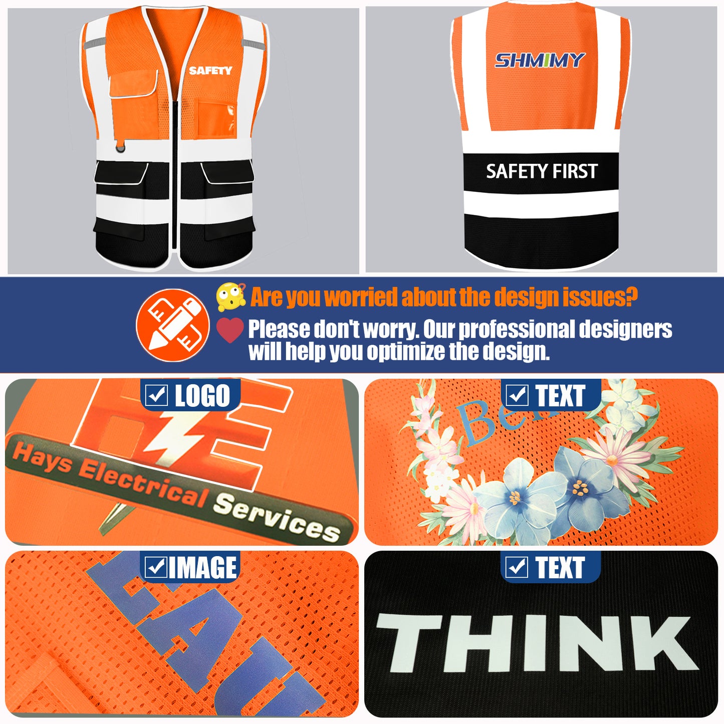 Shmimy 6 Pockets Custom Safety Vest Customized Logo Class 2 High Visibility Reflective Vest