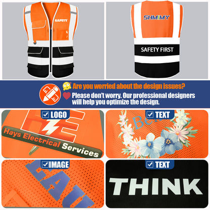 Shmimy 6 Pockets Custom Safety Vest Customized Logo Class 2 High Visibility Reflective Vest