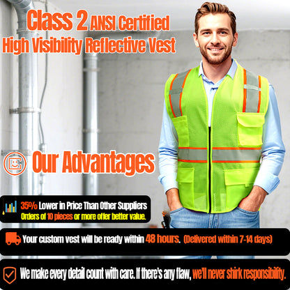 Shmimy Custom Safety Vest Customized Logo Class 2 High Visibility Reflective Vest with 8 Pockets Construction workwear