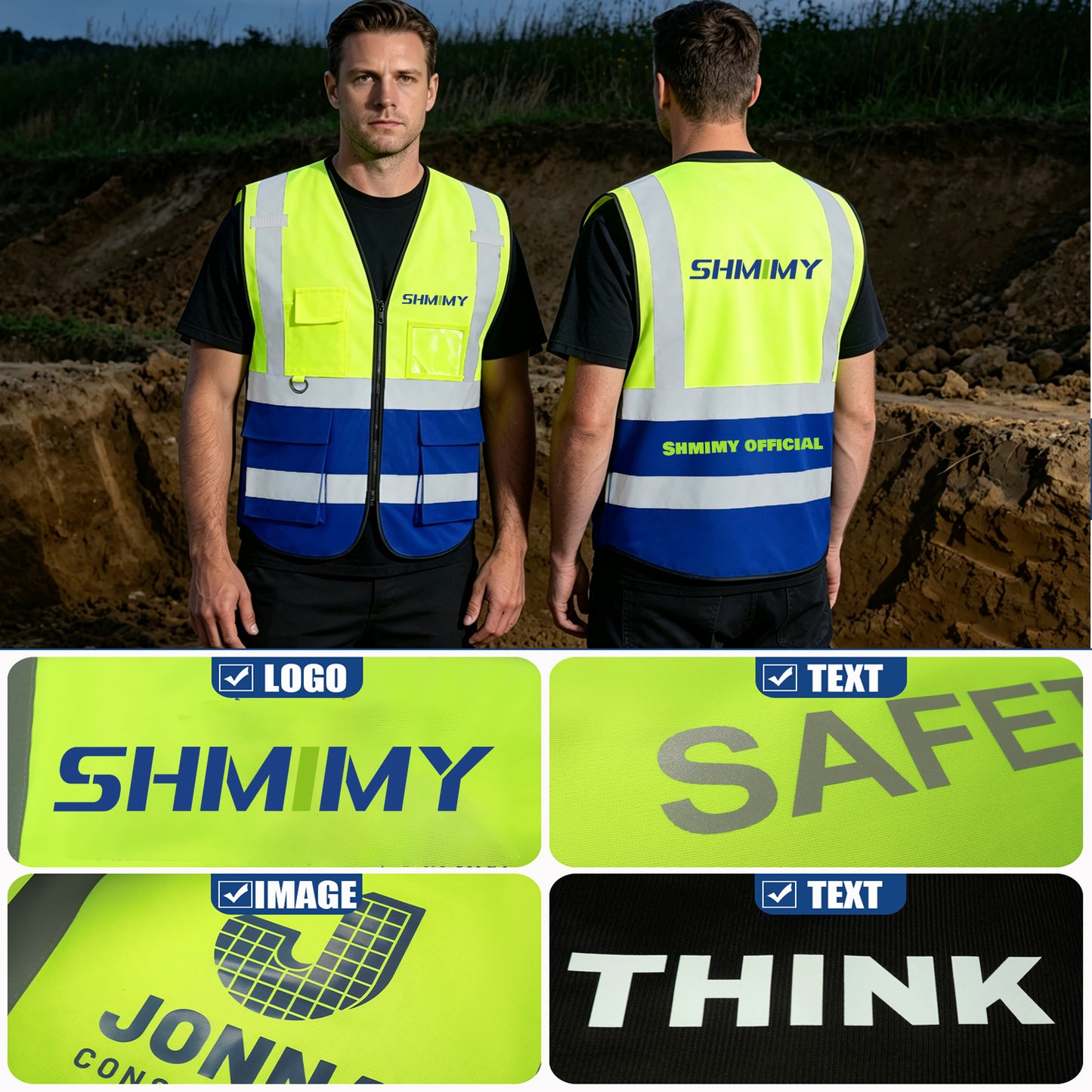 Custom Logo High Visibility Reflective Safety Vest Class 2 - Unisex Adult Workwear with Zipper & 9 Pockets for Construction & Security