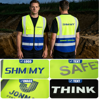 Custom Logo High Visibility Reflective Safety Vest Class 2 - Unisex Adult Workwear with Zipper & 9 Pockets for Construction & Security