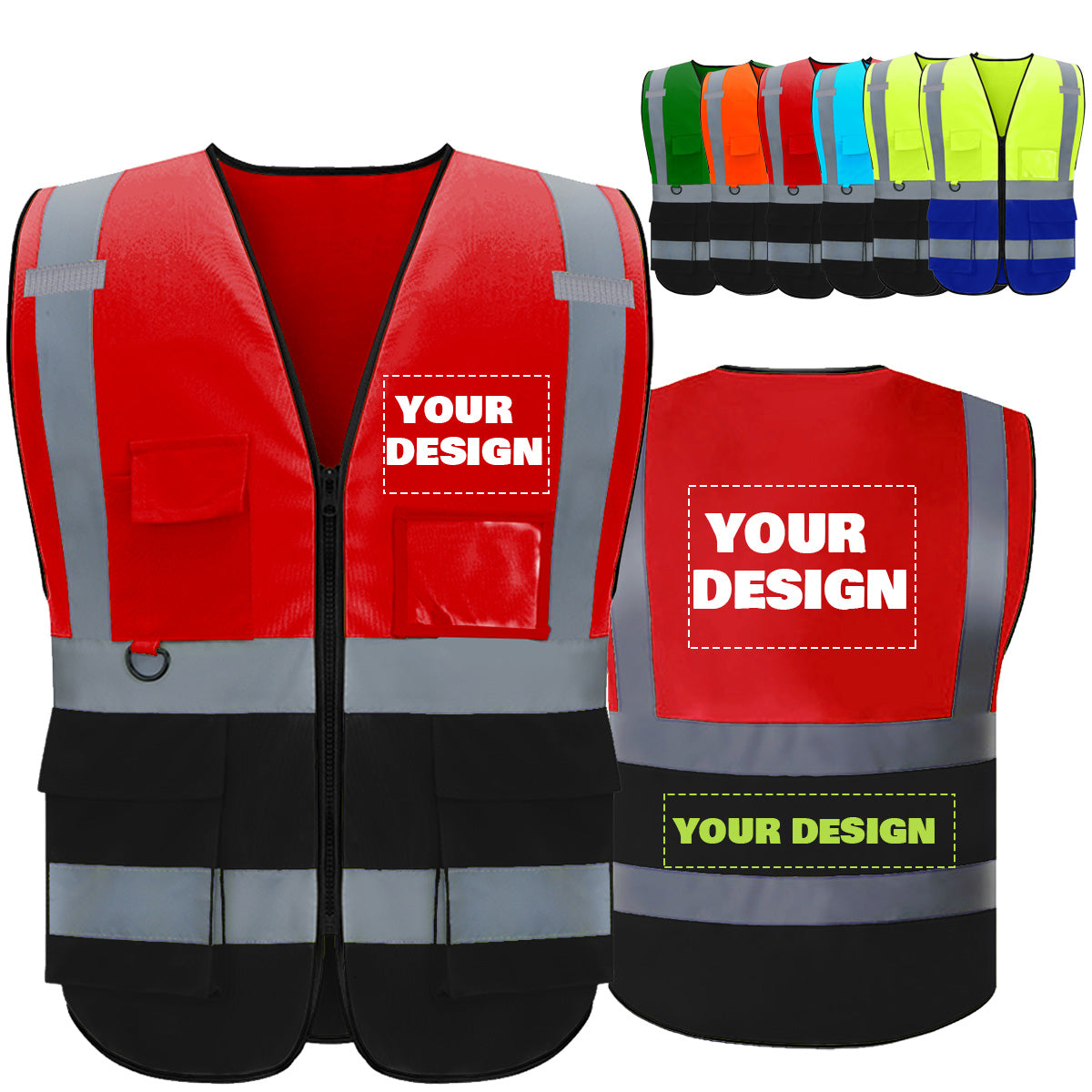 Custom Logo High Visibility Reflective Safety Vest Class 2 - Unisex Adult Workwear with Zipper & 9 Pockets for Construction & Security