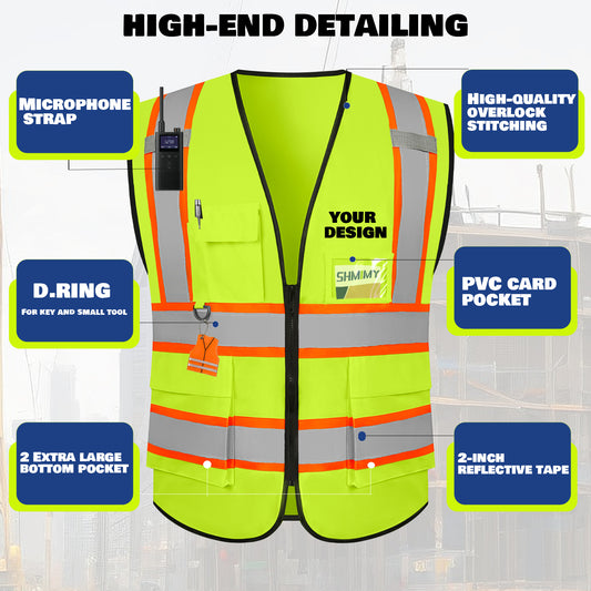 Shmimy Custom Safety Vest with 5 Pockets Class 2 Adult Unisex Construction Security Workwear